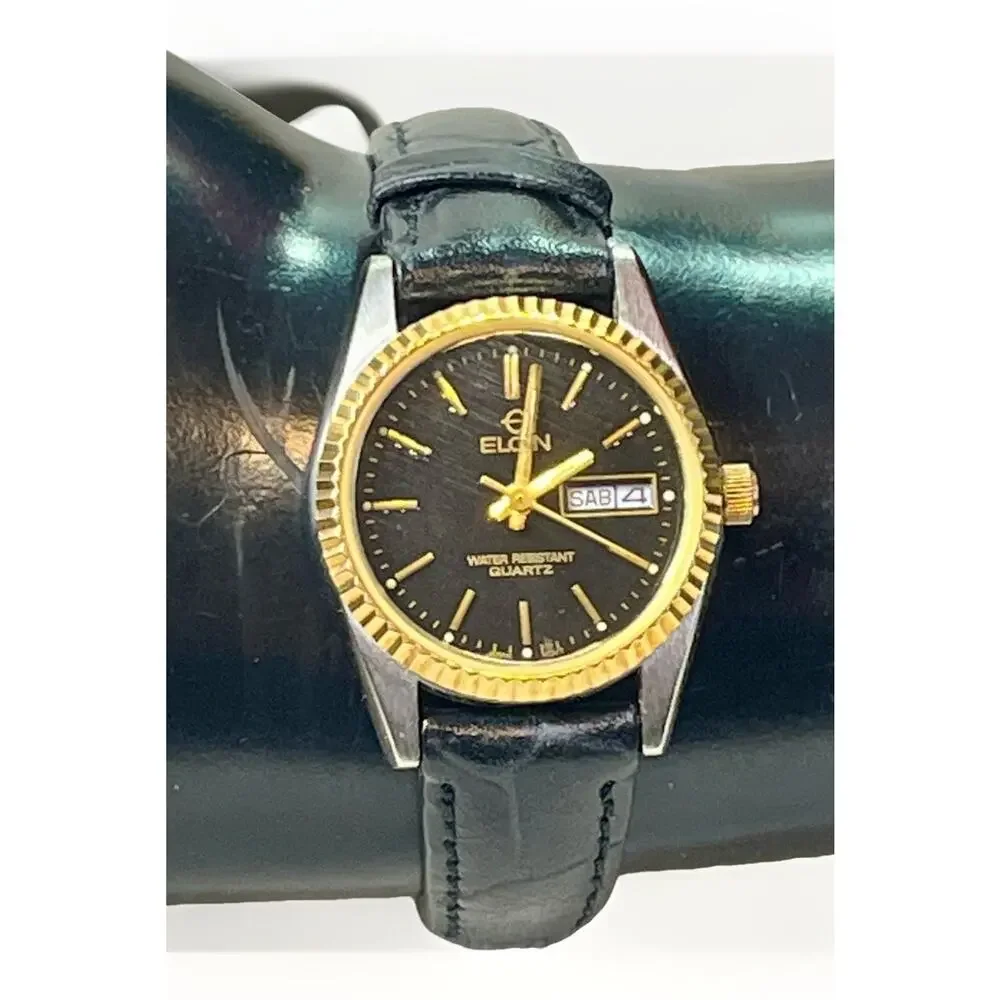 Elgin Quartz Watch Black Dial Day Date Gold Bezel Leather Strap ES173012 Works